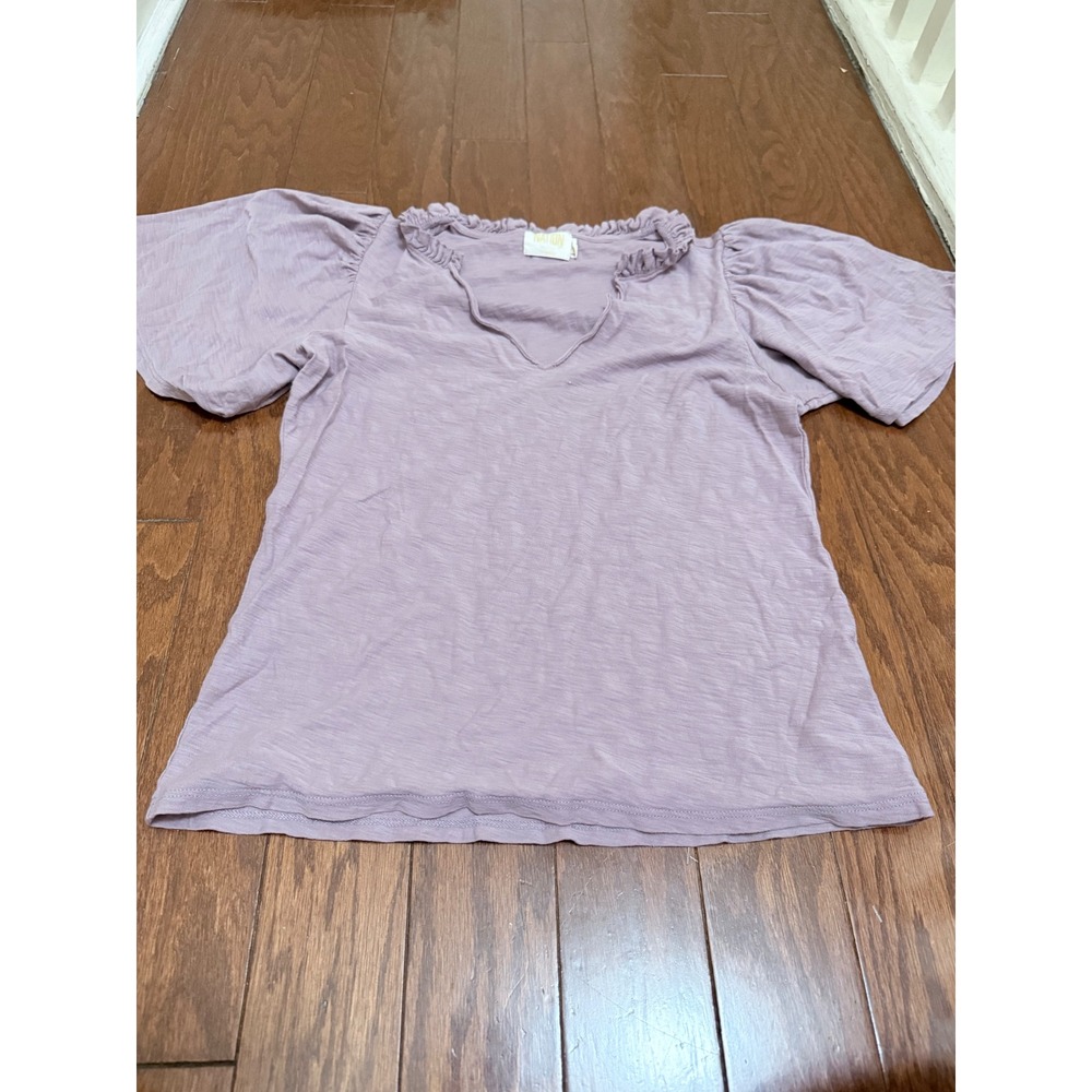 Nation Lavender Pima Cotton Ruffle V-Neck Puff Sleeve Top Purple Womens Medium